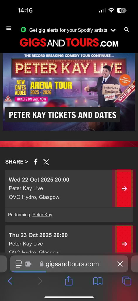 2x seated Peter Kay tickets for sale - Glasgow 23rd October 