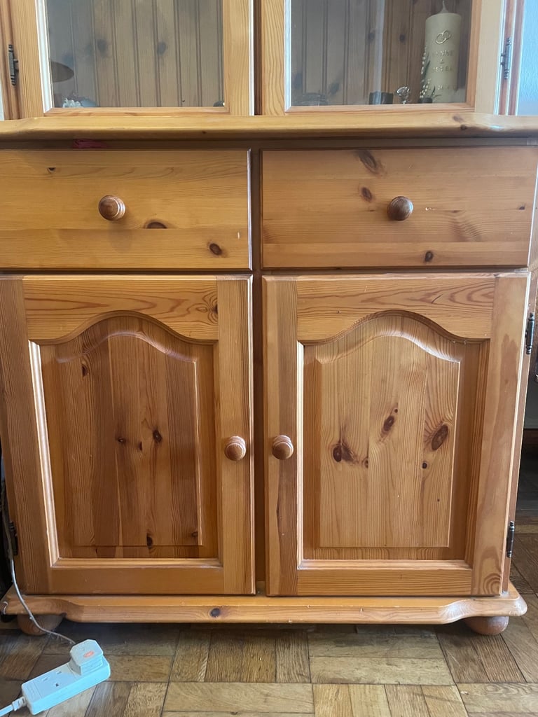 solid pine vintage 2 drawer and door dresser with a glass display unit with lights