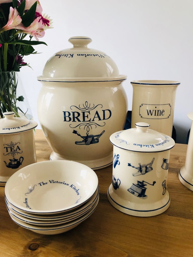 Victorian Pottery bread bin, sugar, tea coffee cannisters