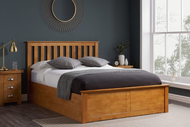 image for Birlea Phoenix Ottoman Bed Frame – 135cm Double, Oak Finish – Brand New in Box