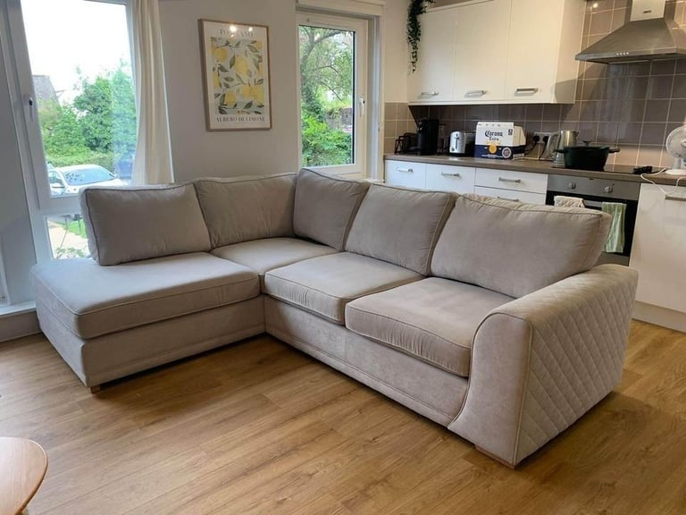 Beige 4x seater high back corner sofa 