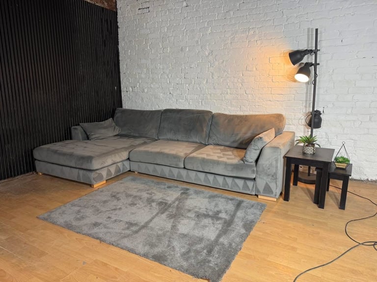 DFS – Large Grey Velvet Plush Corner Sofa + Matching Footstool