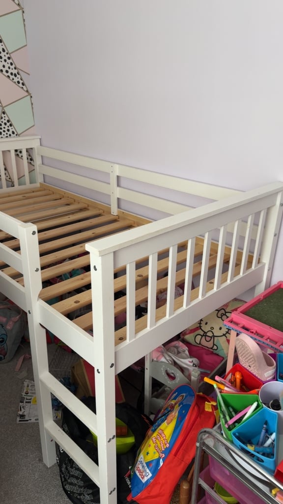 White wooden mid sleeper with desk and mattress 