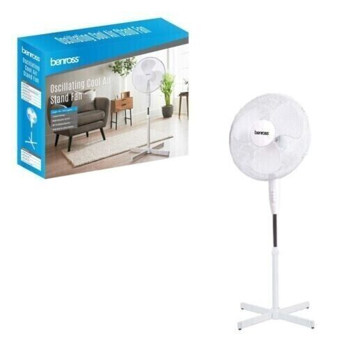 Benross Standing Fan 16 inch White Adjustable Oscillating 3-Speed 4930