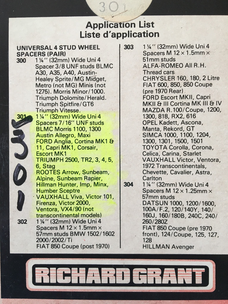 Richard Grant Wheel Spacers Part number 301 details in image