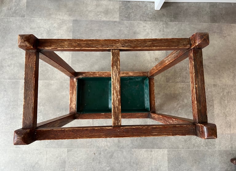 Vintage Wood Umbrella Stand with 2 Green Metal Drip Trays