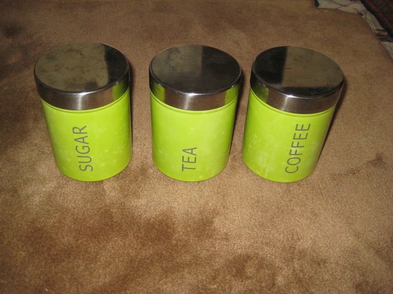 image for Set of Green Airtight Coffee, Tea and Sugar Enamel Storage Tins for £3.00