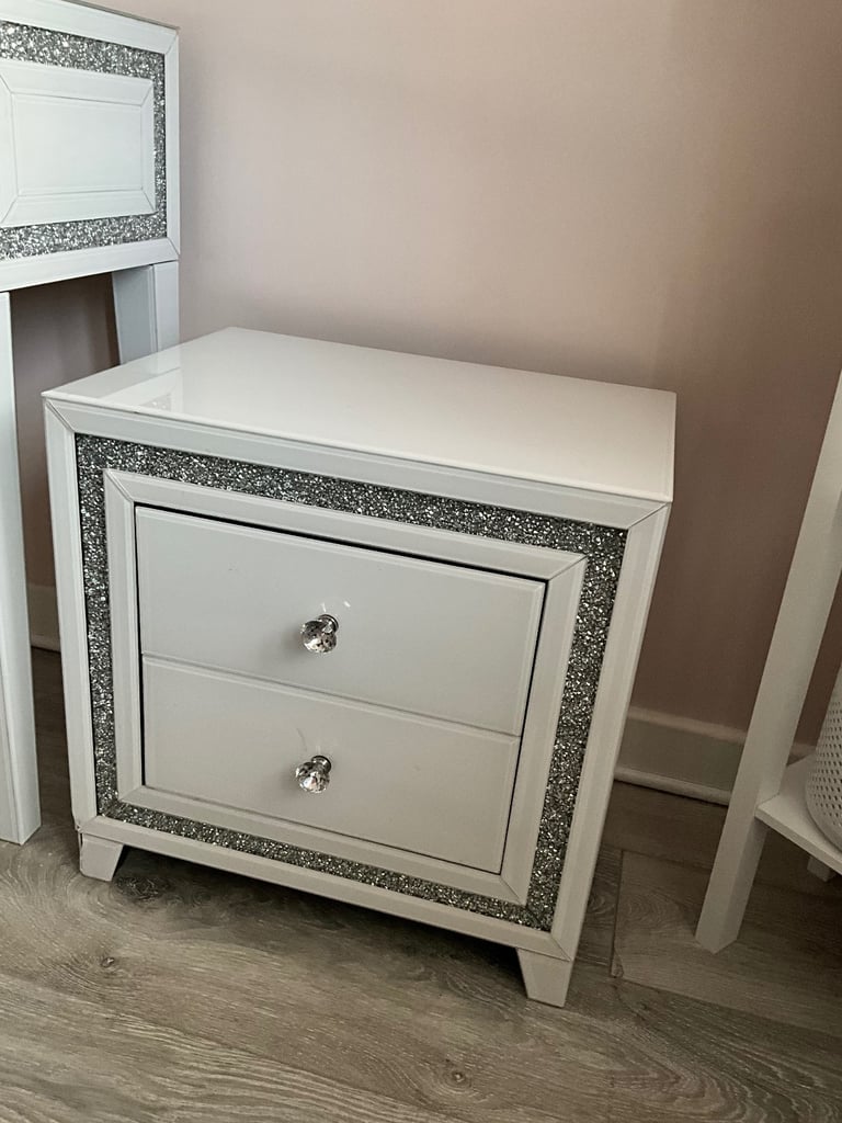 Dressing table and Bedside table with diamanté inlay white gloss