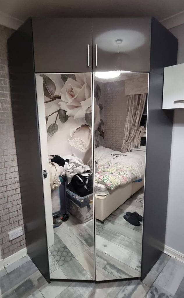 Large Grey Corner Mirror Wardrobe with Shelves & Hanging Rail + Overhead Storage