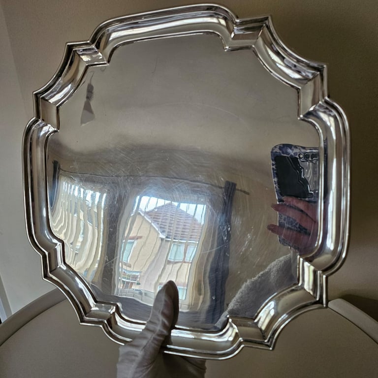 12 inch  Heavy Square Antique Sterling Silver Salver, London, 1052g 