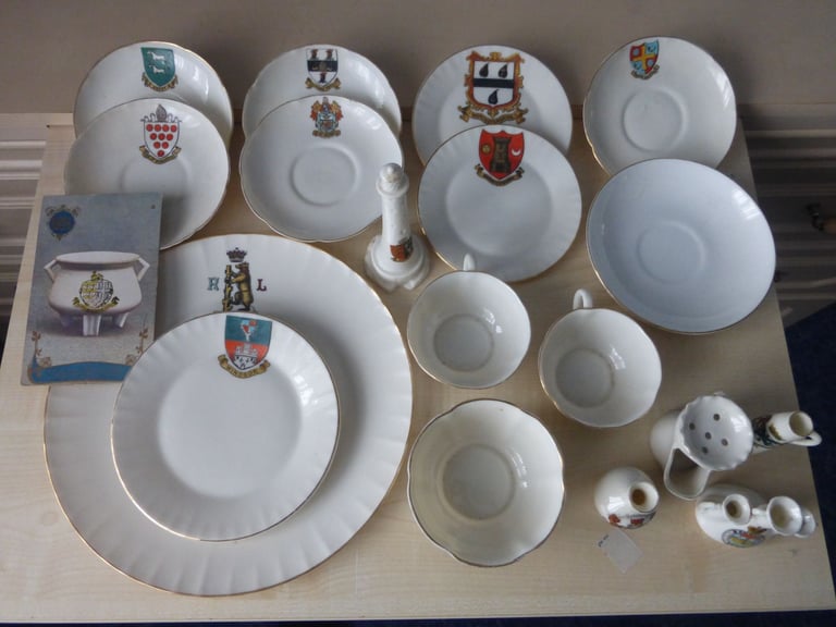 image for Goss crested china model collection Lighthouse, plates, cups, 1907 postcard, plus 4 non Goss items.