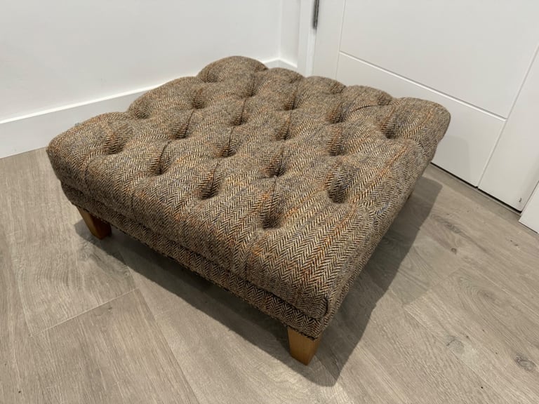 Harris Tweed Fabric Herringbone Buttoned Chesterfield Chair Low Footstool