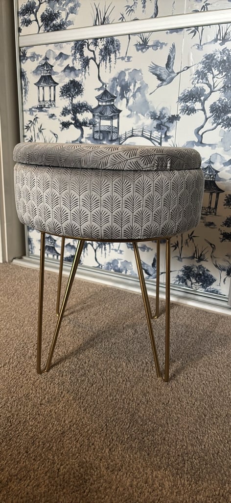 Velvet style grey pattern stool with storage