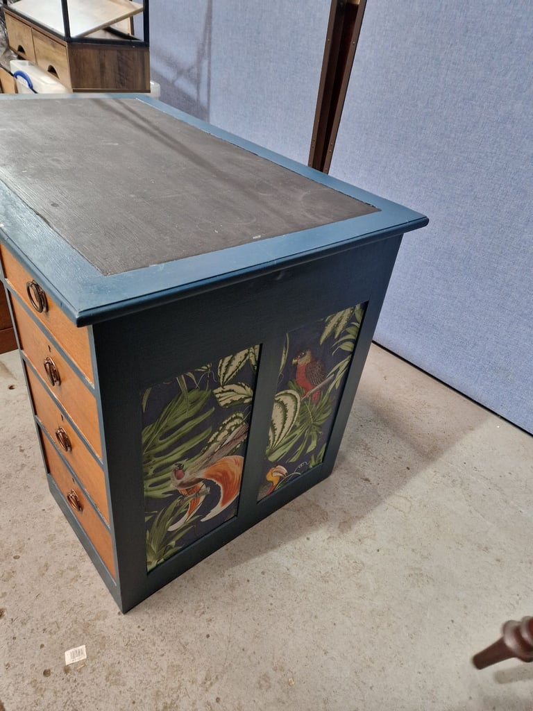 Stunning upcycled vintage wooden desk with forest scene designs to sides