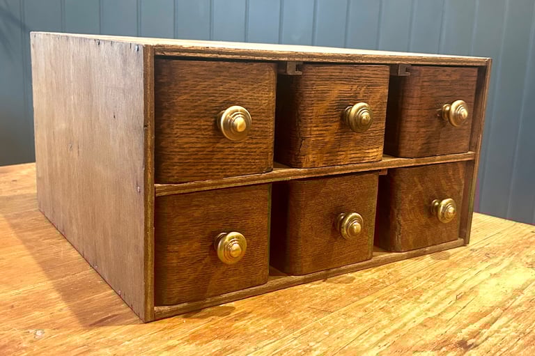 1950s oak six drawer sewing cabinet library drawer industrial antique vintage haberdashery storage