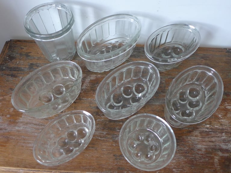 Collectable Kitchenalia: 8 Vintage Antique Glass Jelly Moulds. Blancmange Moulds.