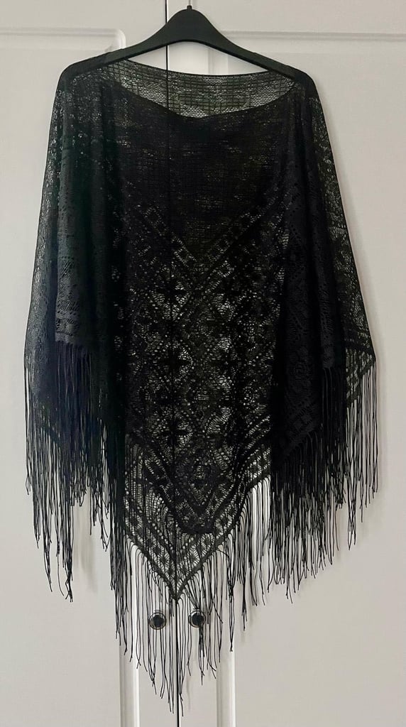 Vintage Sheer Lace Poncho/Cape with Fringe.