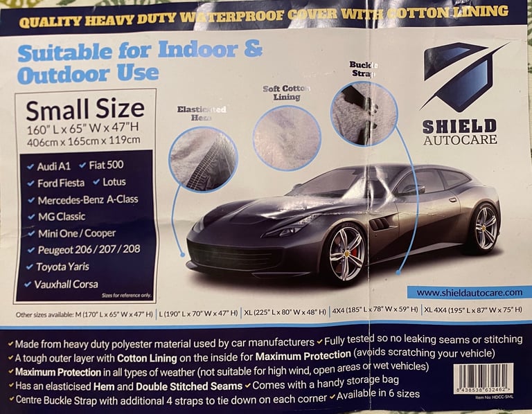 image for Car cover for small sized cars: heavy duty polyester with cotton lining, breathable & waterproof.