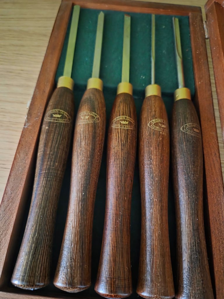 Set of five Crown micro mini woodturning chisels in wooden display box Axminster lathe wood turning