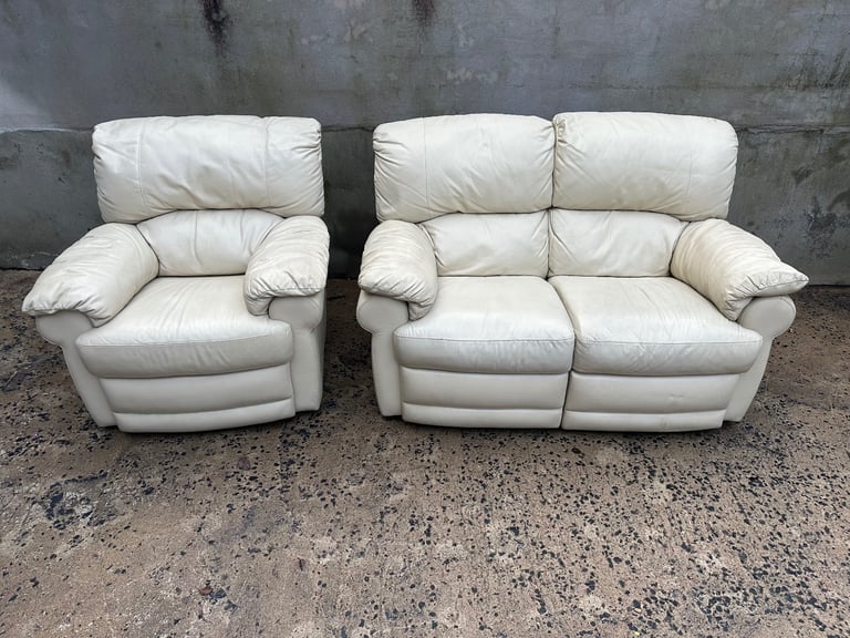 image for Cream leather 2 seater sofa & manual recliner armchair 