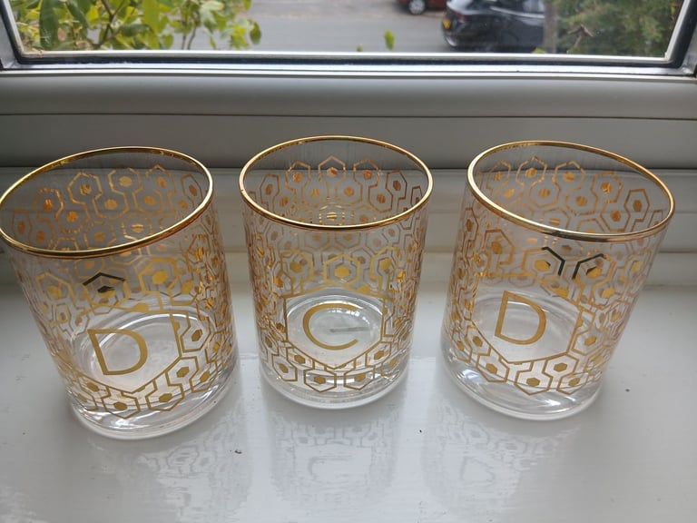 image for 3 lettered glass tumblers with gold style patternation