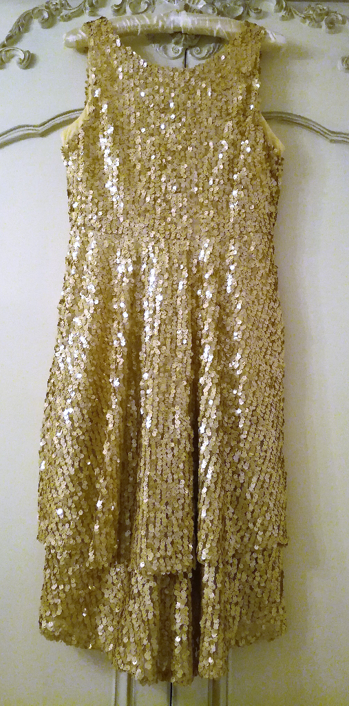 DESIGNER SEQUIN DRESS Peach Gold Short 2 Tier Ruffle Sleeveless Scoop Neck Zip Hour Glass Style PROM