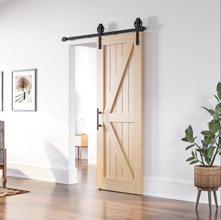 Sliding Barn Door Kit 6FT Heavy Duty Black Track, Single Wood, Big Wheel Design