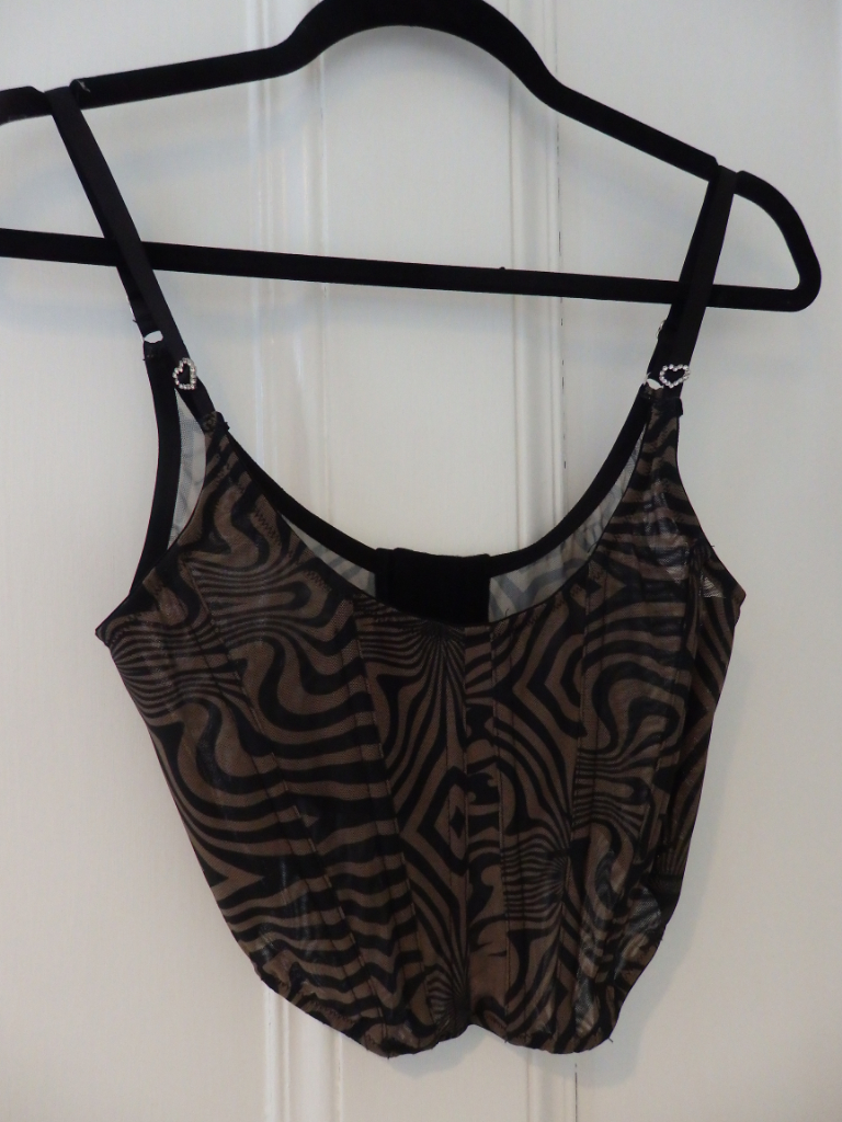 Basque style (brand Out from Under ) partial see through black and khaki pattern Free