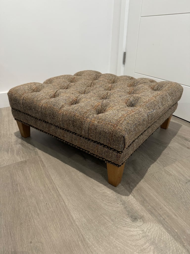 Harris Tweed Fabric Herringbone Buttoned Chesterfield Chair Low Footstool