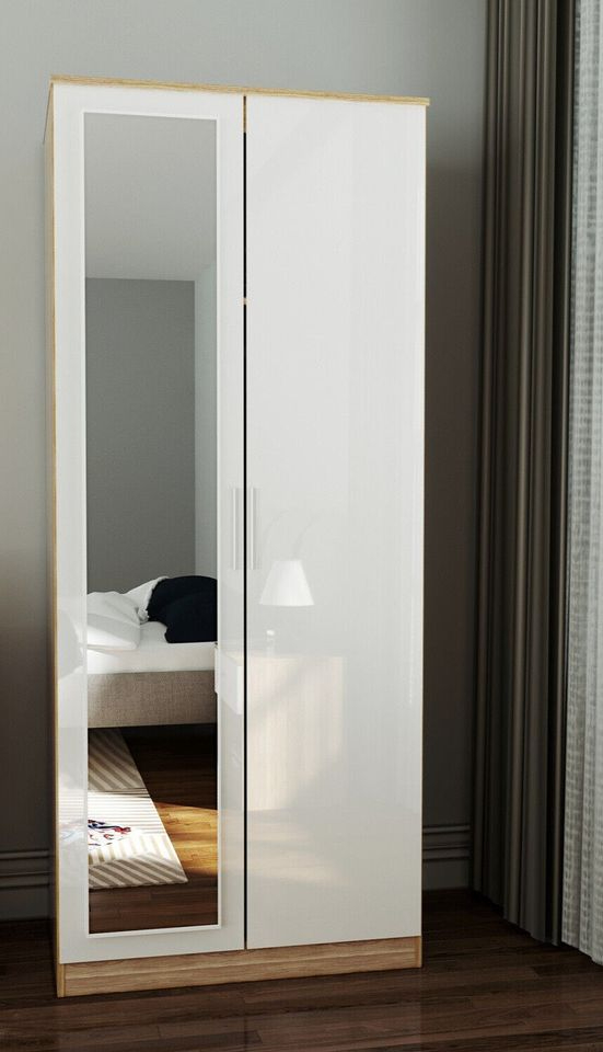 image for New White & Oak 2 Door Wardrobe with Mirror RRP £230 Our Price £145