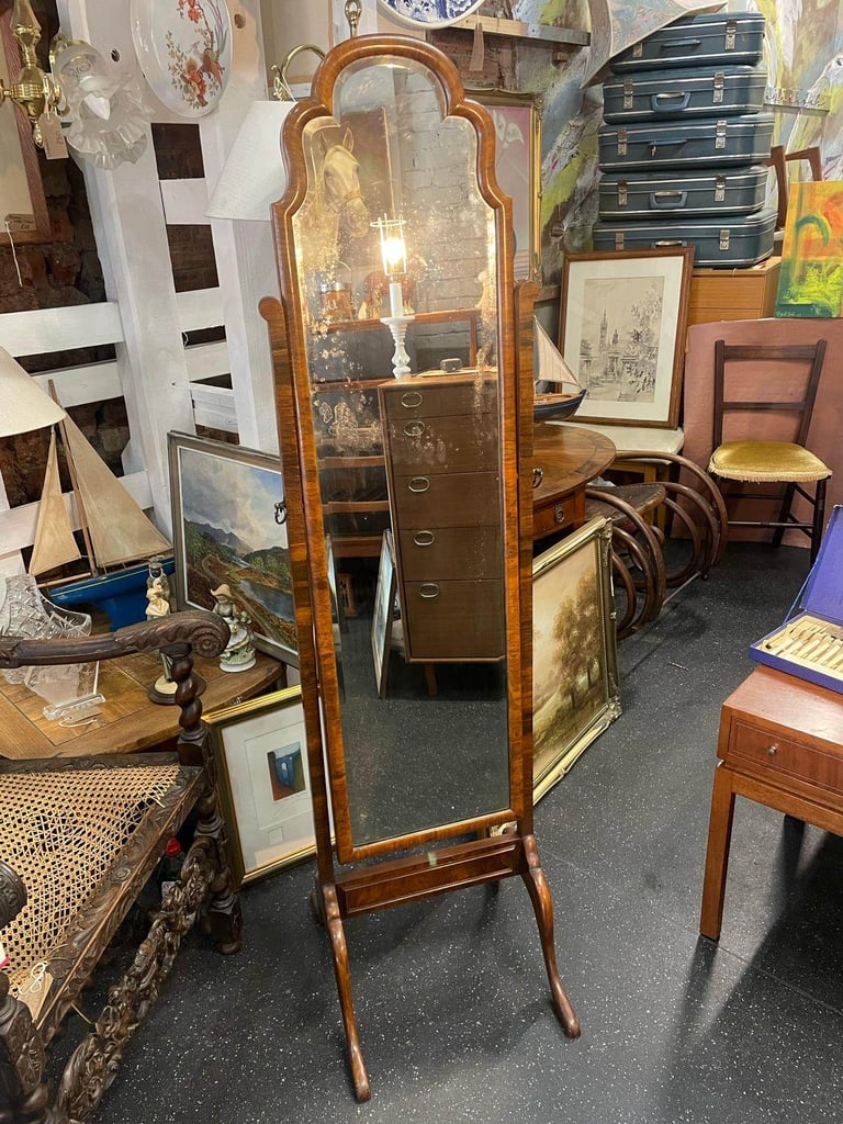 Antique walnut cheval mirror