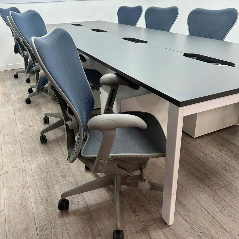 8-Person Bench Desking – Grey/White, Scalloped Tops for Cable Management