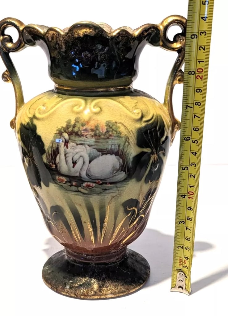 Antique Pair Of Victorian Ornate Mantle Vases - Swan / Swans Scene