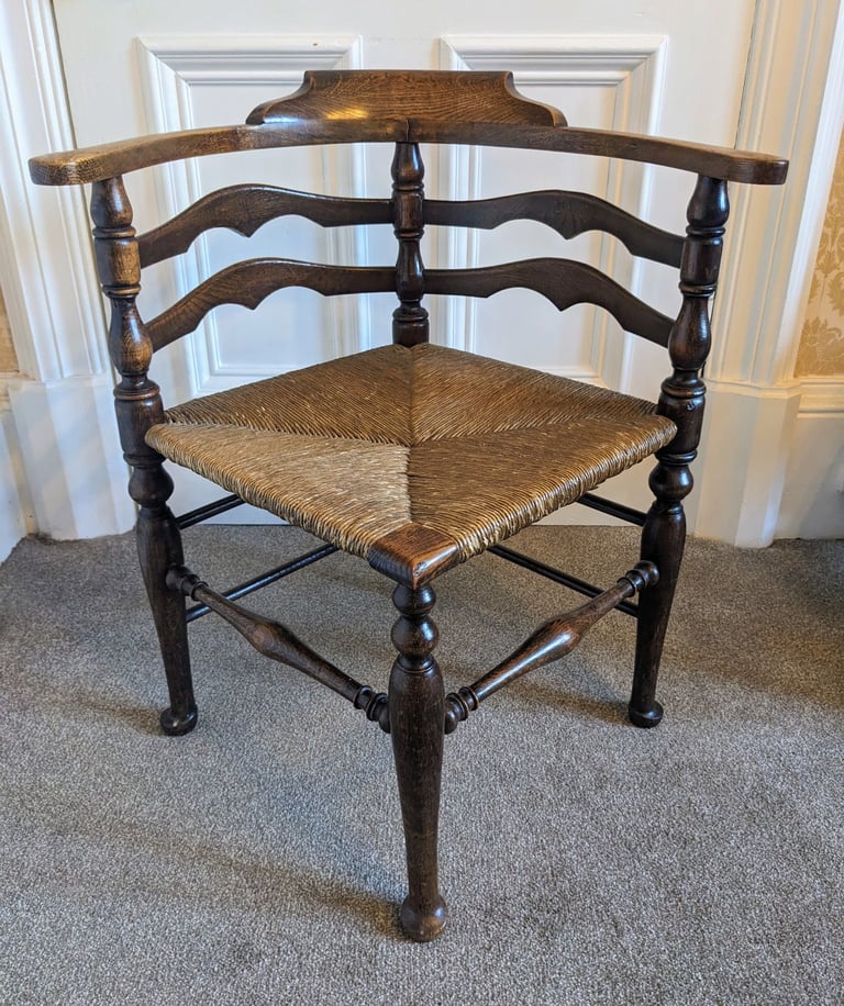image for Classic Antique Oak Corner Chair with rush seat.
