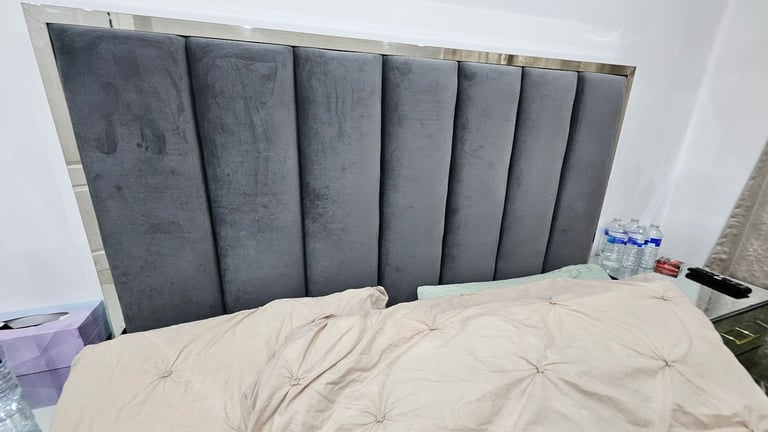 Grey Velvet King Size Ottoman Bed with High Headboard