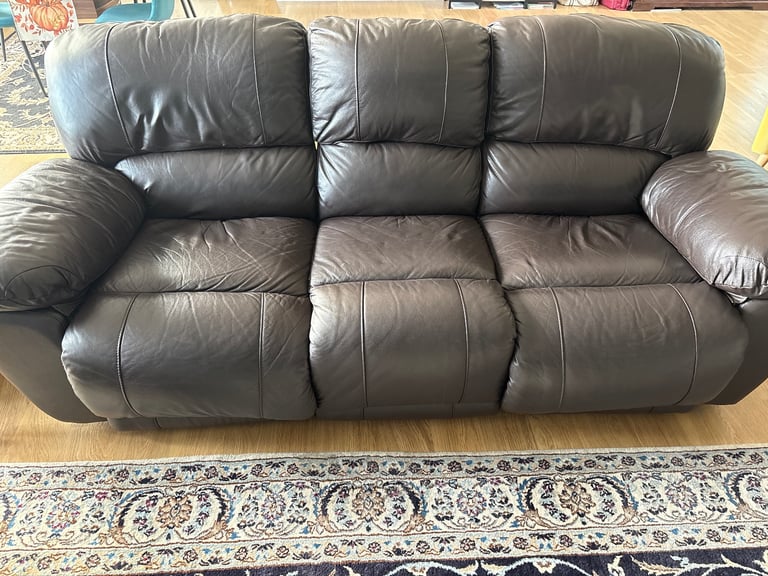 image for Brown leather three seater and two seater reclining sofas