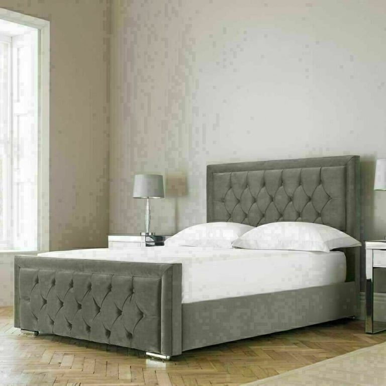PLUSH VELVET FABRIC DOUBLE BED FRAME WITH MATTRESS