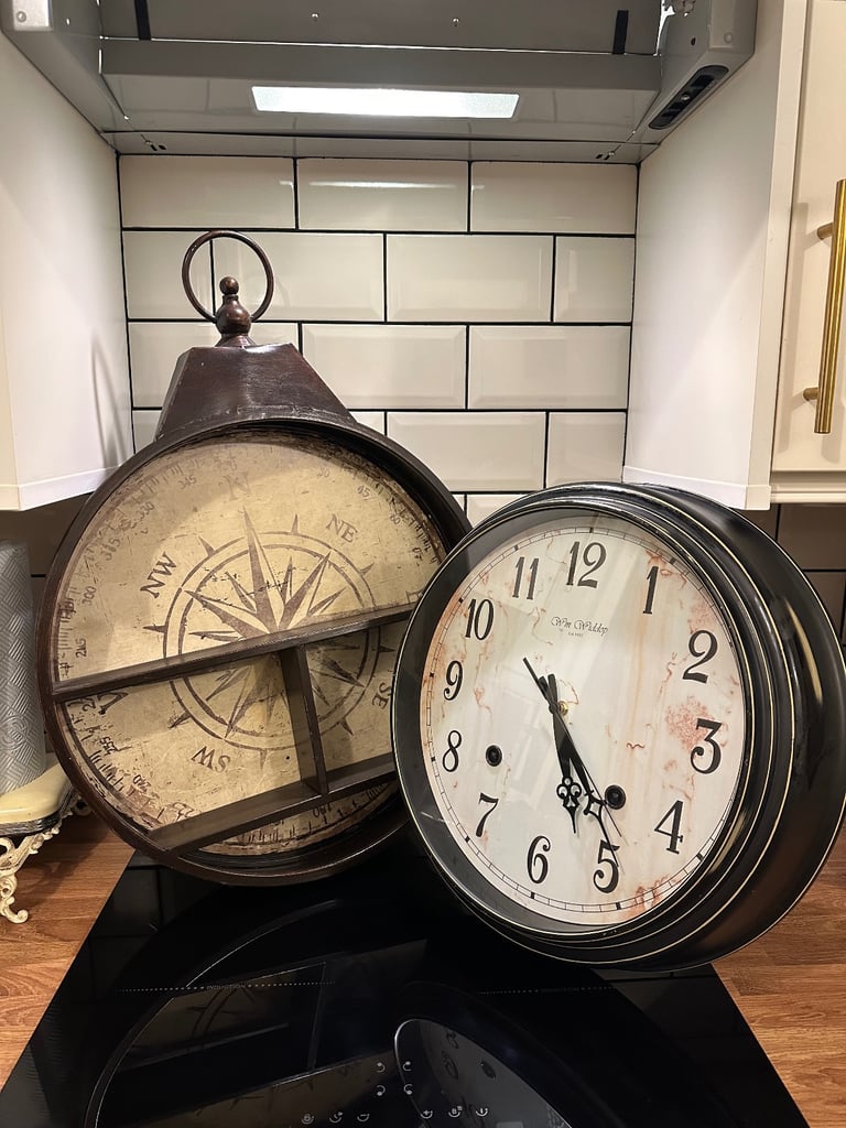 image for Large wall clock and wall art compass shelf