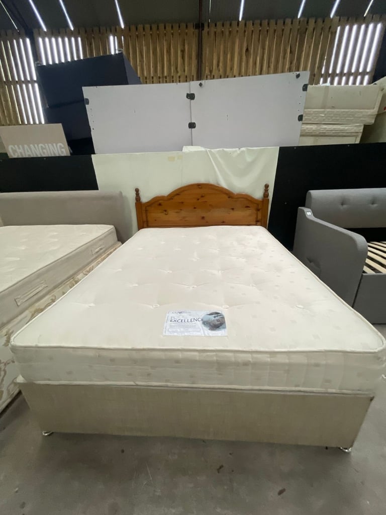 King Size Divan Set - Wooden Headboard and Mattress Included