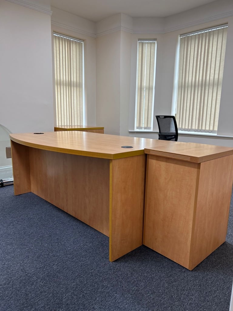 image for Large beech desk, drawers and cupboard