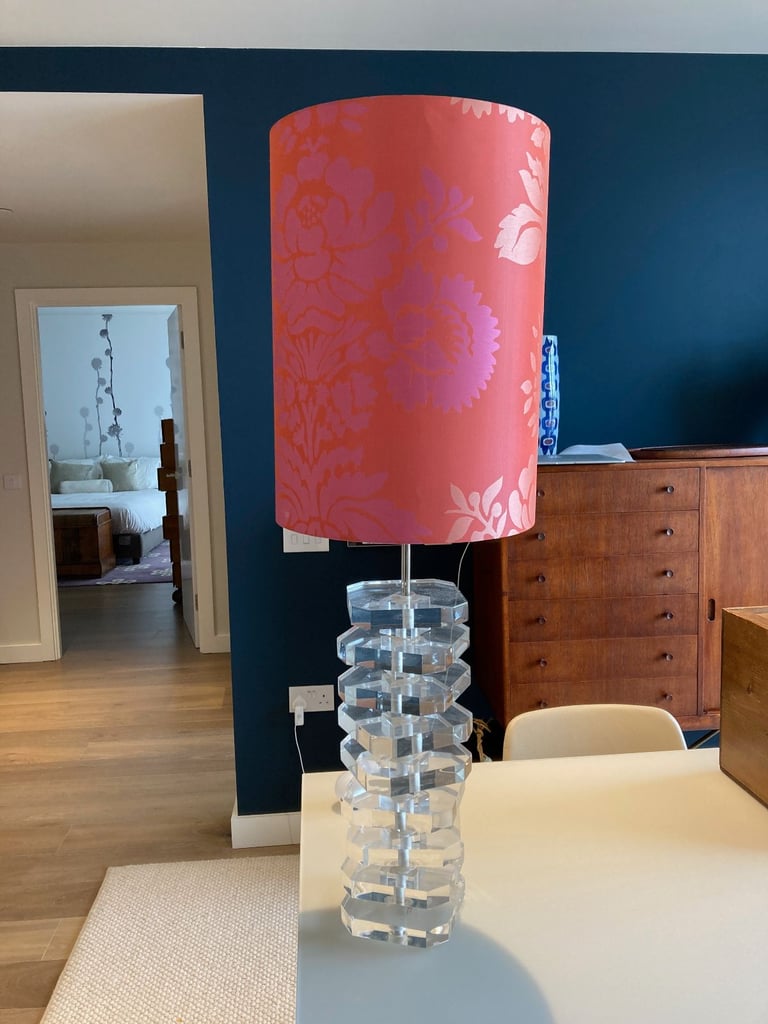 image for Modern elegant plexiglas lamp with custom made red silk patterned shade 40 inches tall