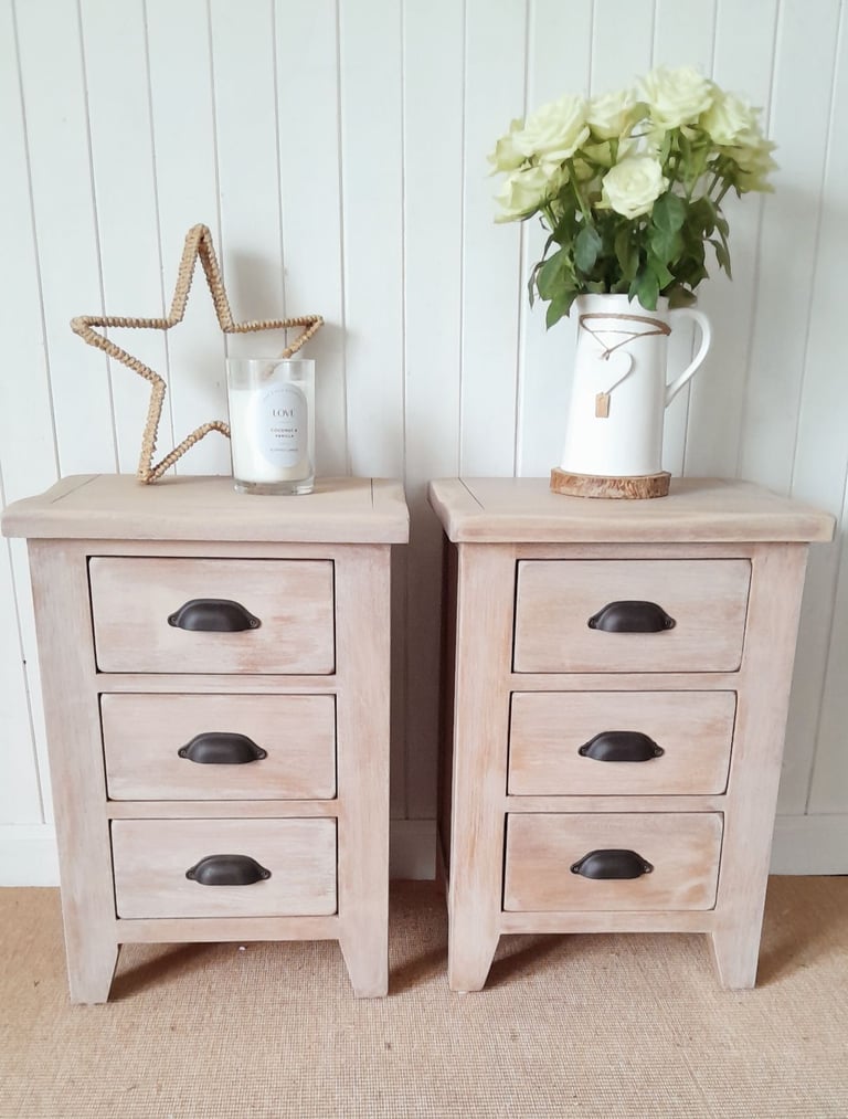 Rustic washed oak 3 drawer bedside chest,  industrial style bedroom futniture