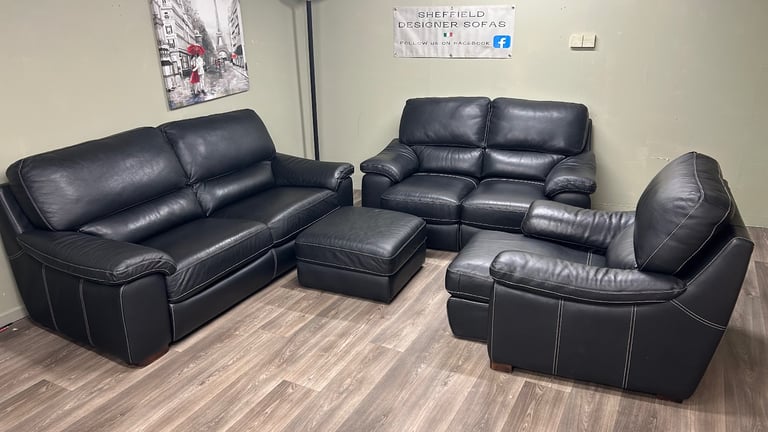 Black leather sofas 3&2&1& foot stool 