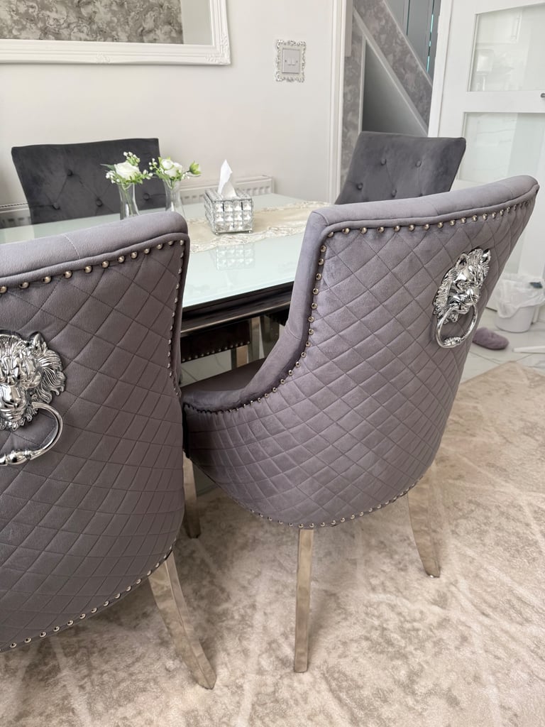 Louis Marble Dining Table + Majestic Lion Knocker Chairs x6