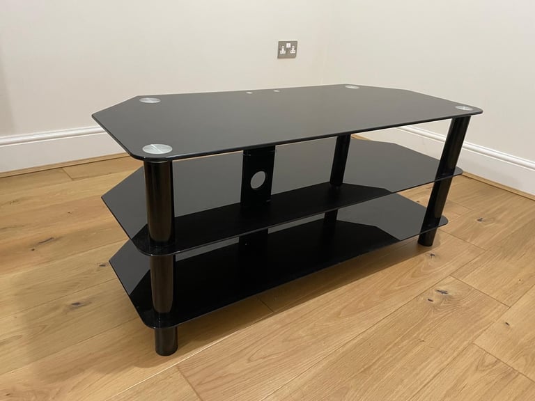 Modern Black Glass TV Stand with Shelves and Cable Management