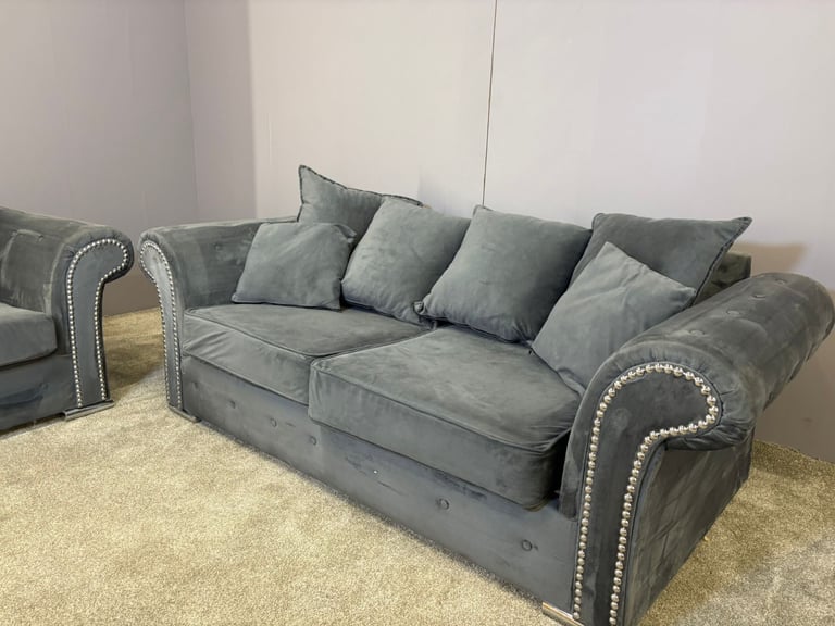 Grey French velvet 3 seater and 2 seater sofa DELIVERY AVAILABLE!