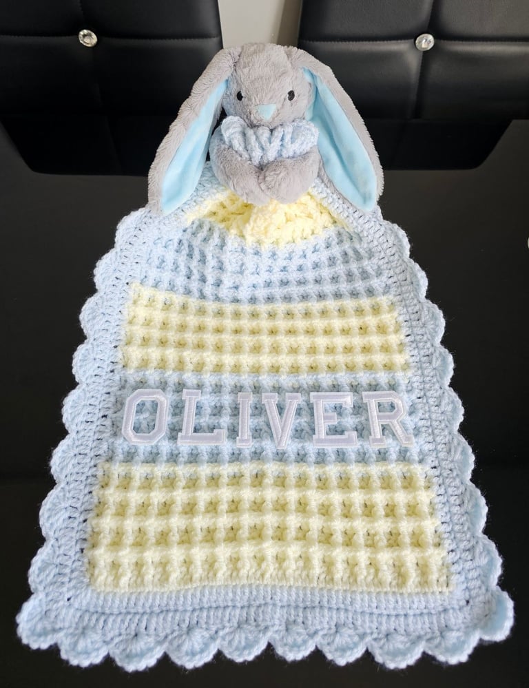 Crochet Baby Comfort Blanket, Personalised, Girls and Boys colours available