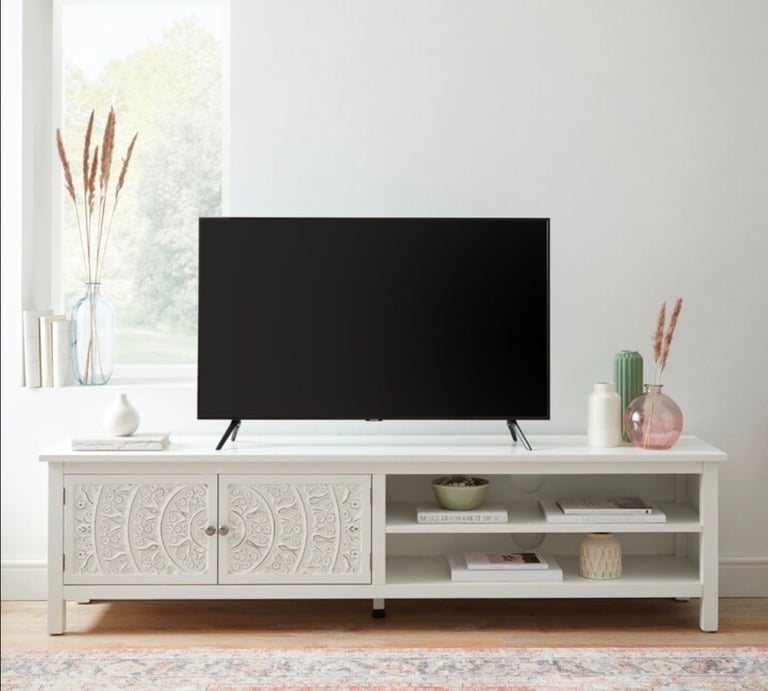 image for Dunelm Samira white extra wide TV stand / unit with cupboard