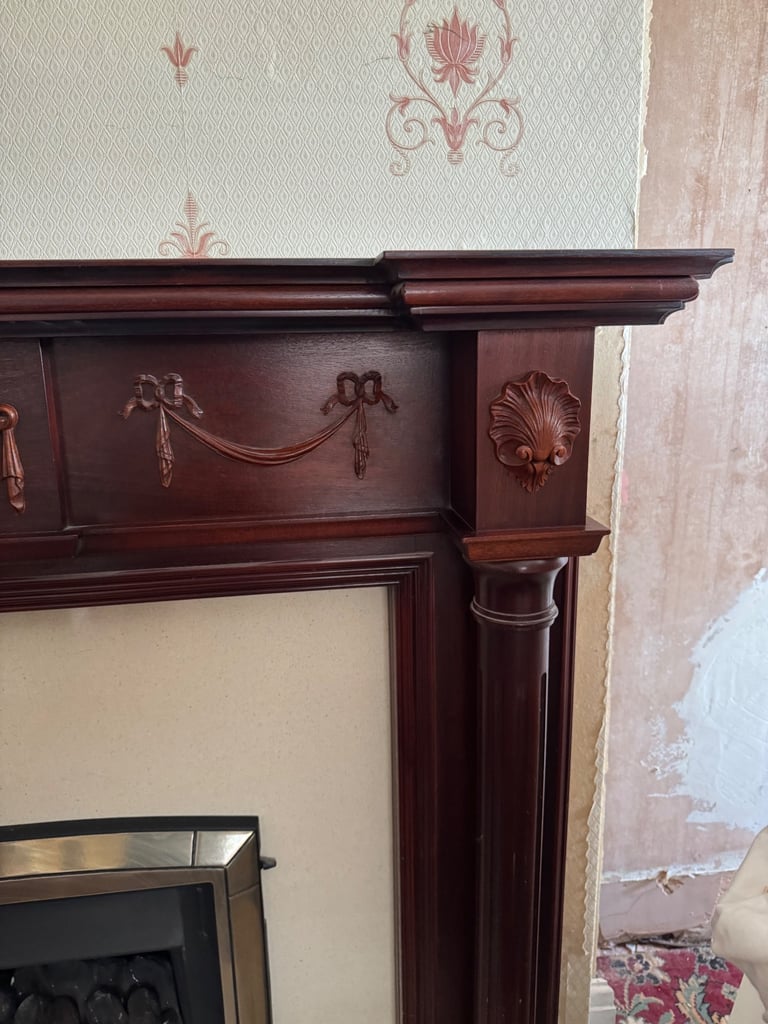 Wood fire surround marble heart and gas fire 