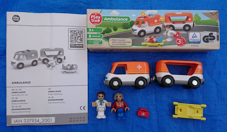 * WOODEN TRAIN TRACK SET IN CASE WITH PLAYTIVE POLICE CAR AMBULANCE CRANE BRIDGE *